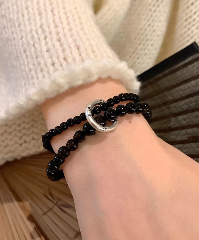 Women Black Copper Obsidian Beading Double-Layer Charm Bracelet