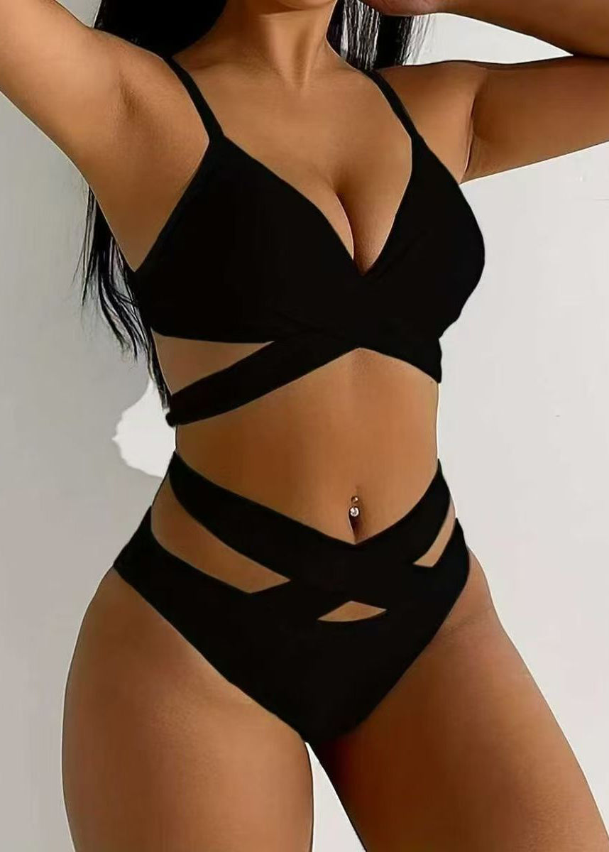 Women Black Cross Strap Swimwear Two Piece Set