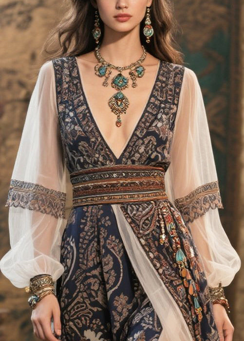 Women Black Deep-V Neck Print Chiffon Maxi Dresses Summer