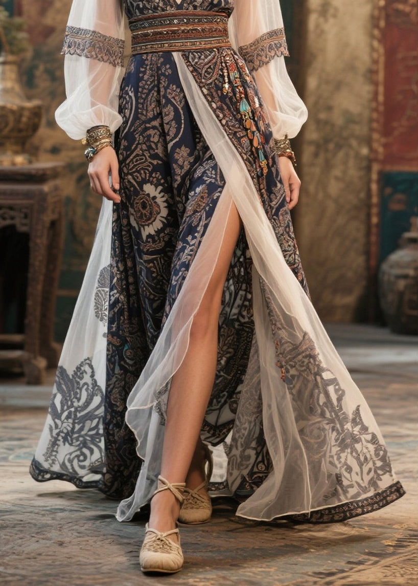 Women Black Deep-V Neck Print Chiffon Maxi Dresses Summer
