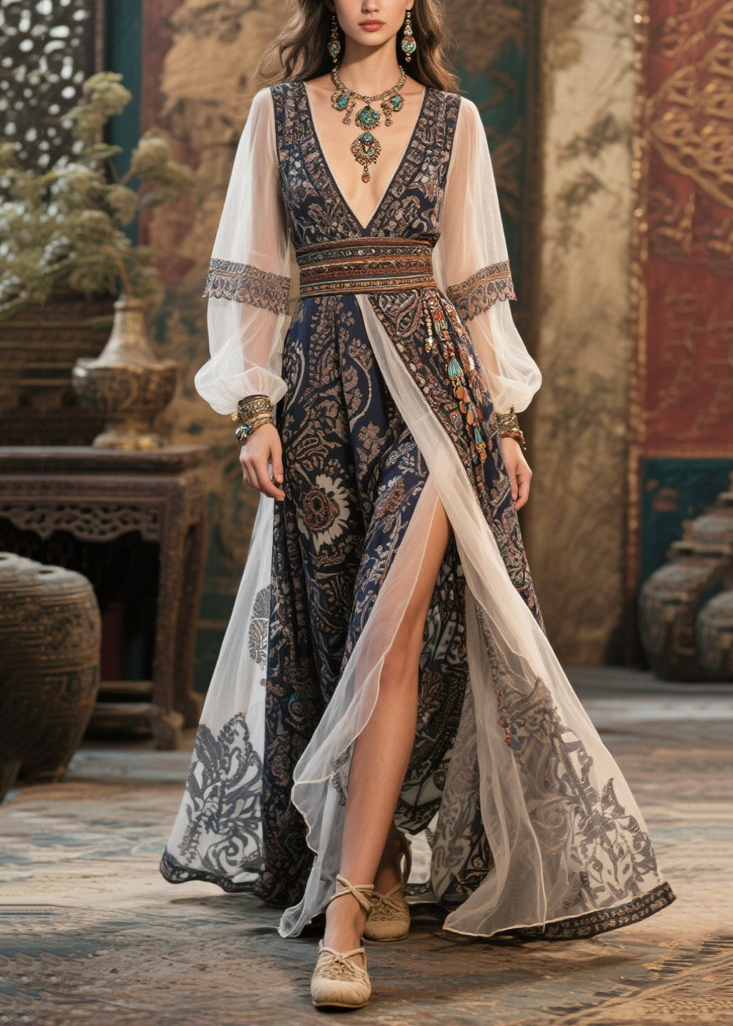 Women Black Deep-V Neck Print Chiffon Maxi Dresses Summer