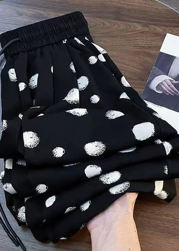Women Black Dot Drawstring Chiffon Wide Leg Pants