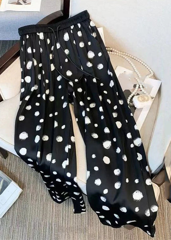 Women Black Dot Drawstring Chiffon Wide Leg Pants