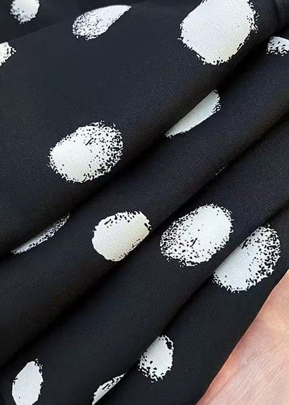 Women Black Dot Drawstring Chiffon Wide Leg Pants