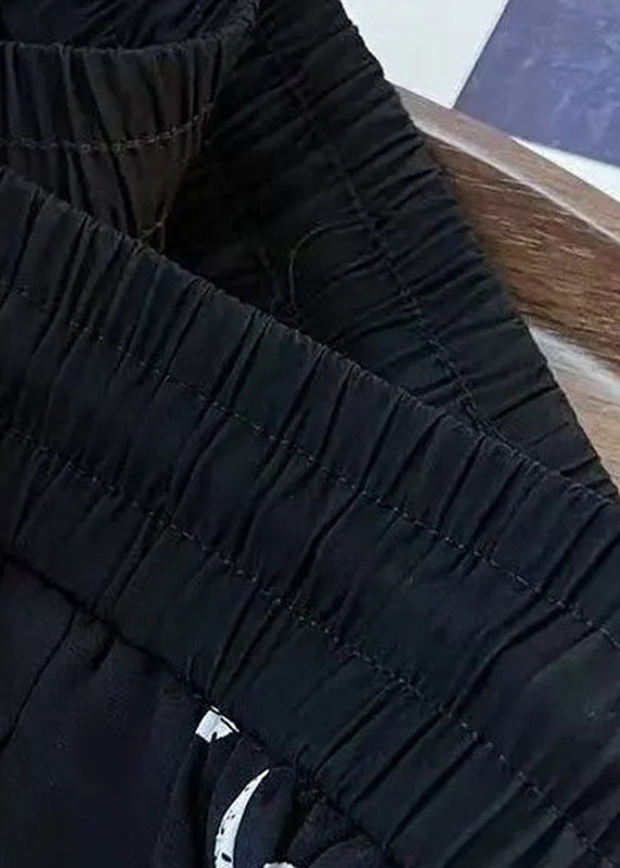 Women Black Dot Drawstring Chiffon Wide Leg Pants