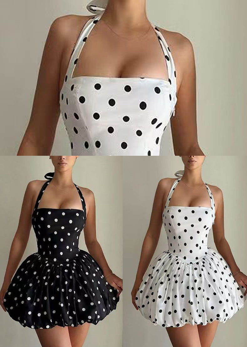 Women Black Dot Halter Backless Chiffon Mini Dress Summer