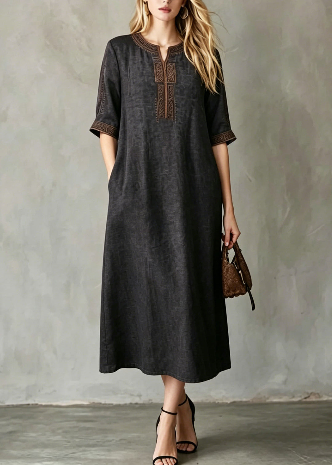Women Black Embroidered Button Silk Maxi Dresses Summer