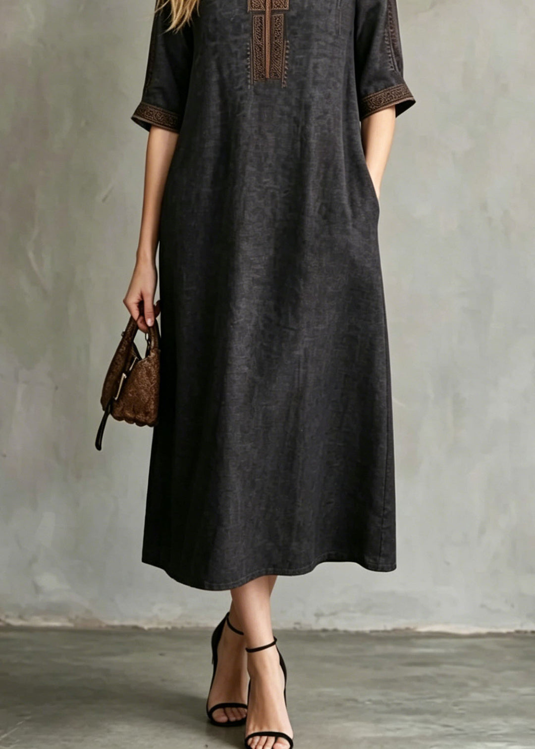 Women Black Embroidered Button Silk Maxi Dresses Summer
