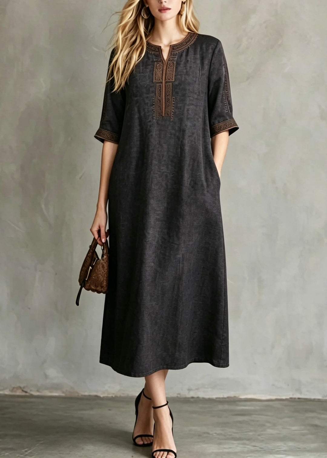Women Black Embroidered Button Silk Maxi Dresses Summer
