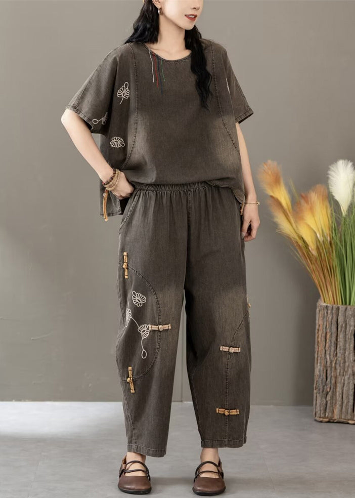 Women Black Embroidered Elastic Waist Denim Two Pieces Set Summer