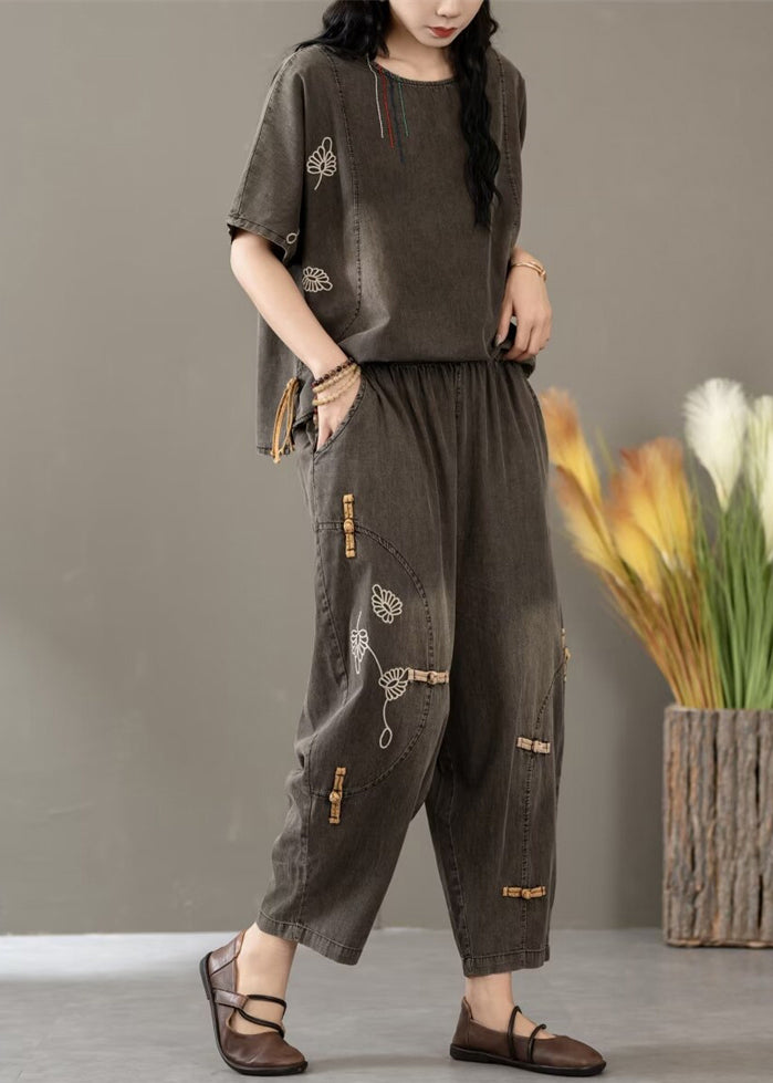 Women Black Embroidered Elastic Waist Denim Two Pieces Set Summer
