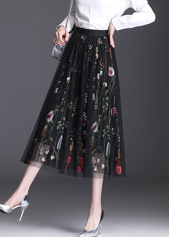 Women Black Embroidered Elastic Waist Tulle Skirt Summer
