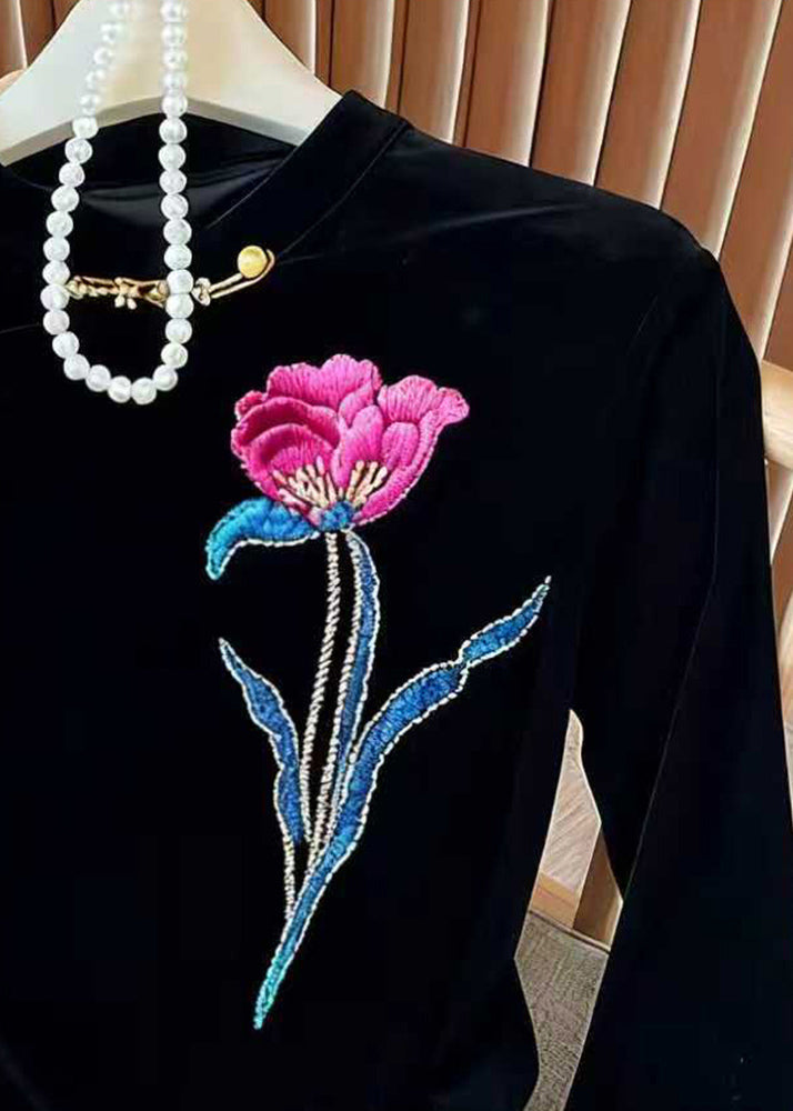 Women Black Embroidered Floral Silk Velour Blouses Flare Sleeve