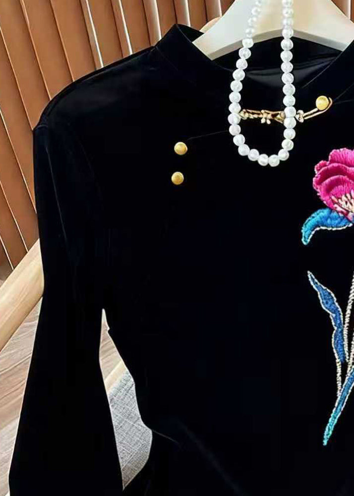 Women Black Embroidered Floral Silk Velour Blouses Flare Sleeve