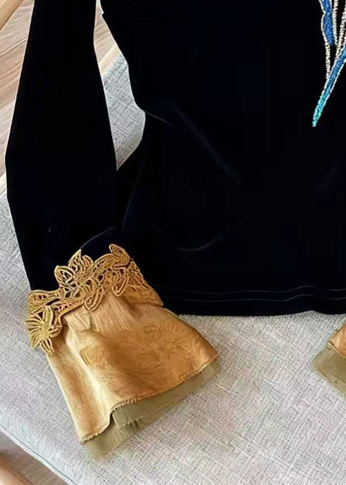 Women Black Embroidered Floral Silk Velour Blouses Flare Sleeve