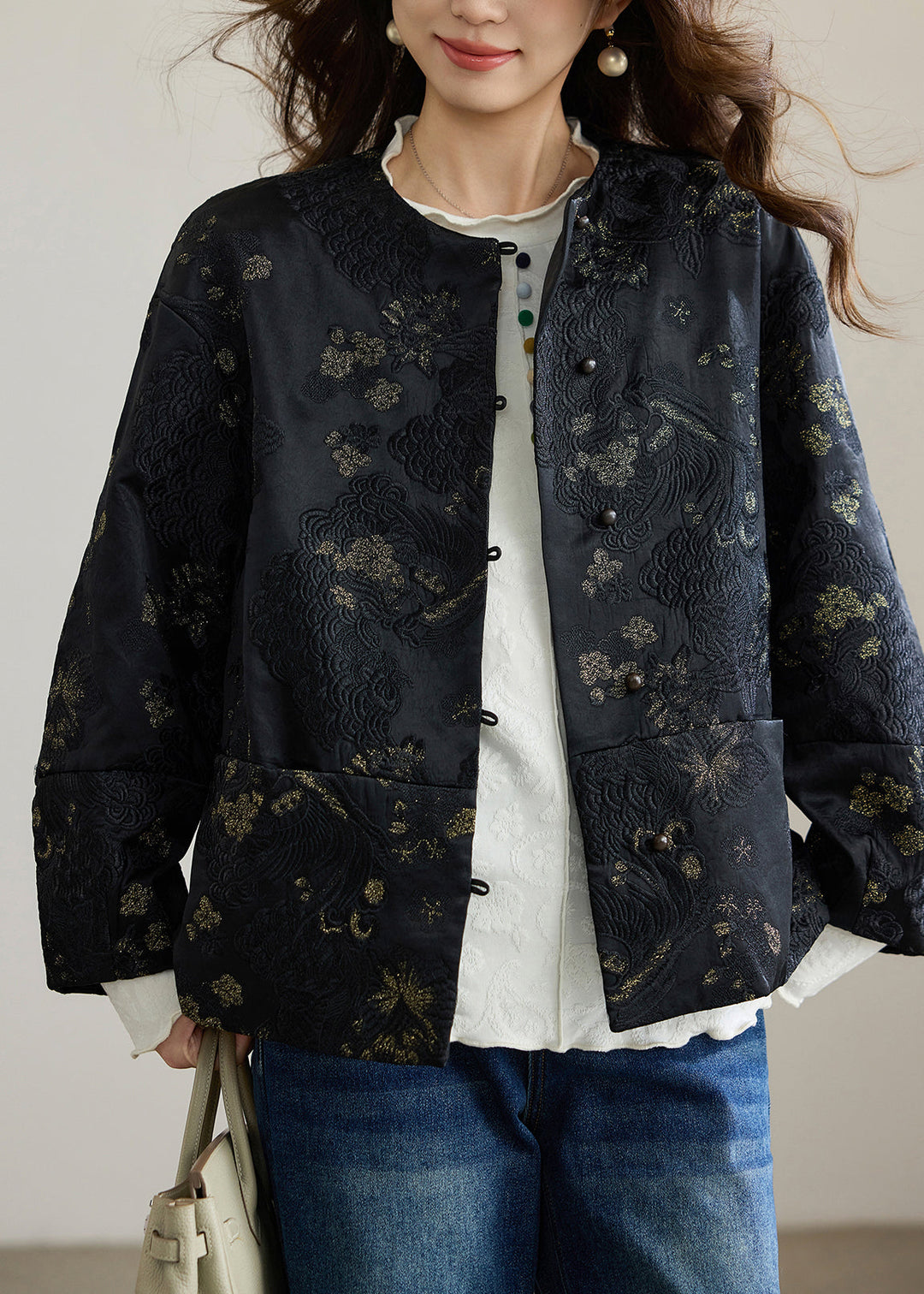 Women Black Embroidered Patchwork Silk Oriental Coats Spring