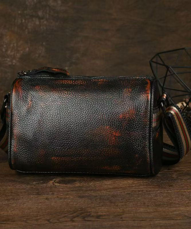 Women Black Embroideried Calf Leather Round Bag