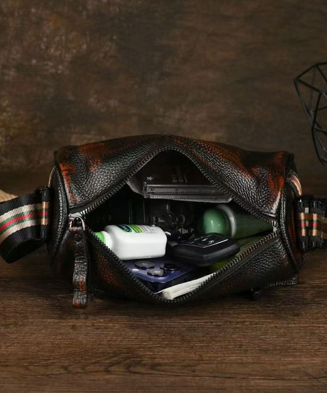 Women Black Embroideried Calf Leather Round Bag