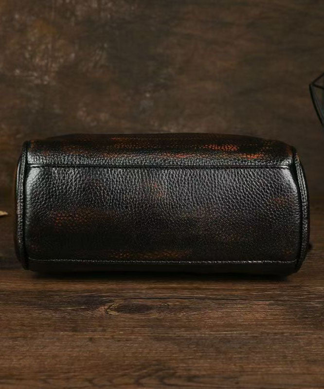 Women Black Embroideried Calf Leather Round Bag