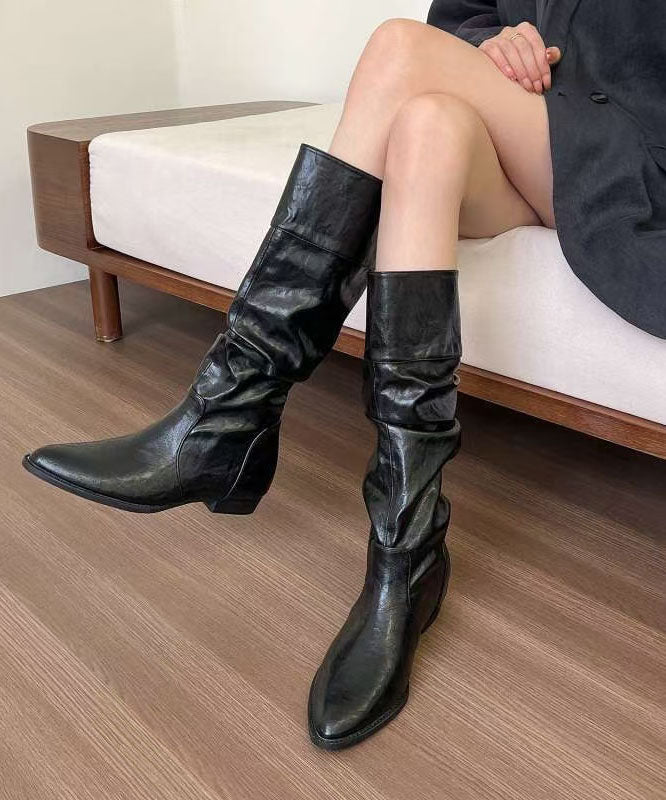 Women Black Faux Leather Splicing Chunky Boots Pointed Toe
