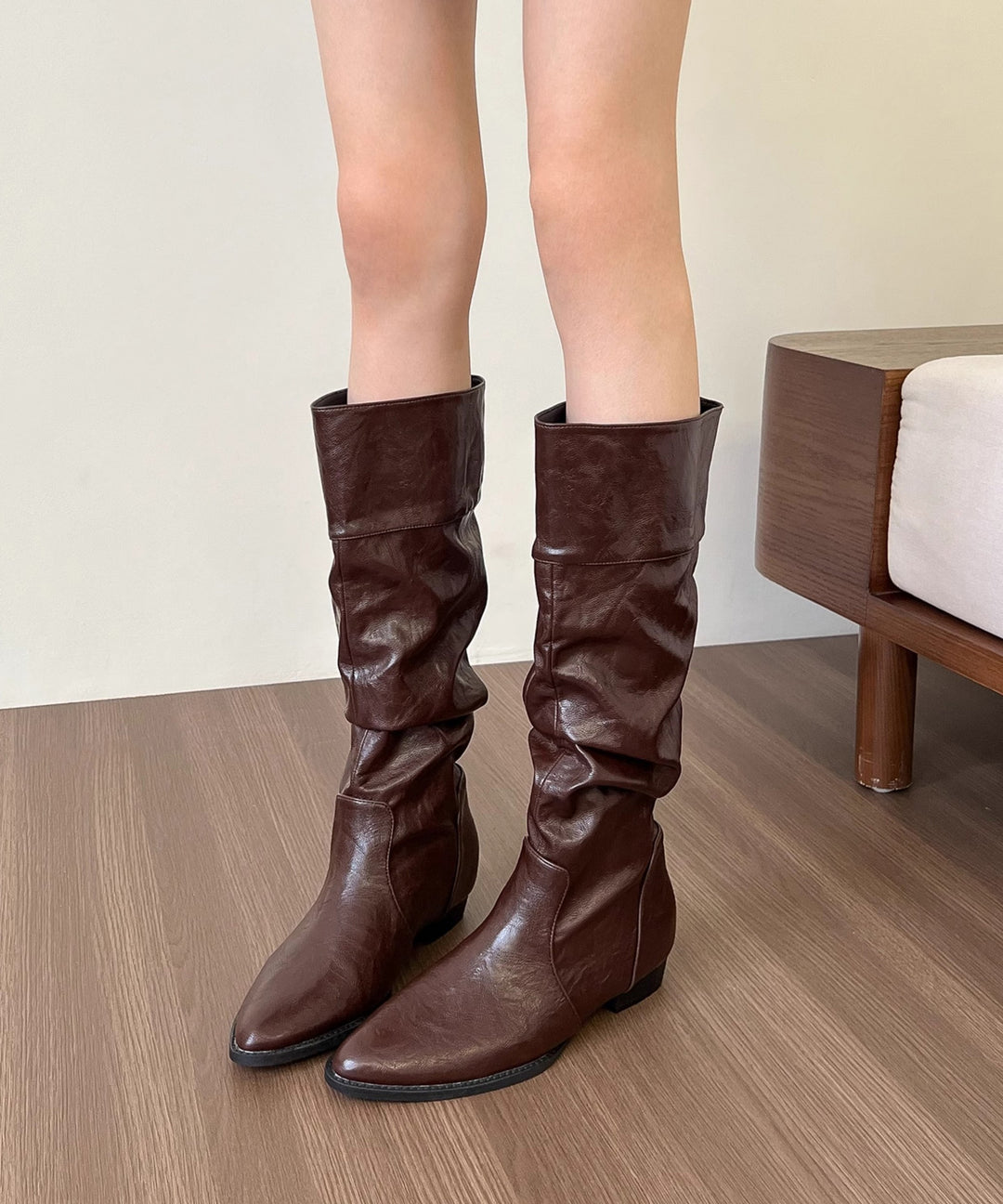 Women Black Faux Leather Splicing Chunky Boots Pointed Toe