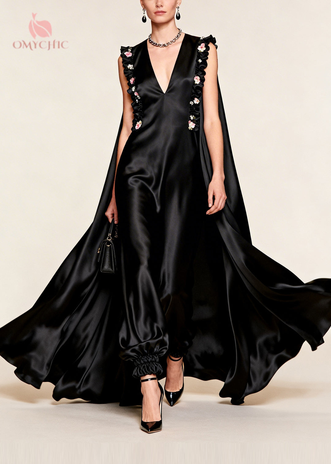 Women Black Floral Exra Large Hem Silk Evening Dress Sleeveless
