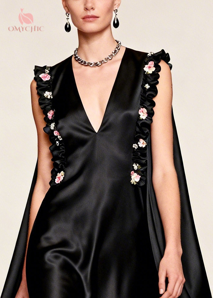 Women Black Floral Exra Large Hem Silk Evening Dress Sleeveless
