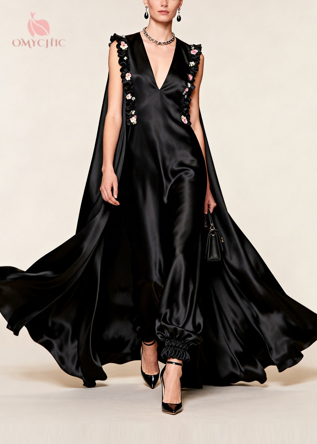 Women Black Floral Exra Large Hem Silk Evening Dress Sleeveless