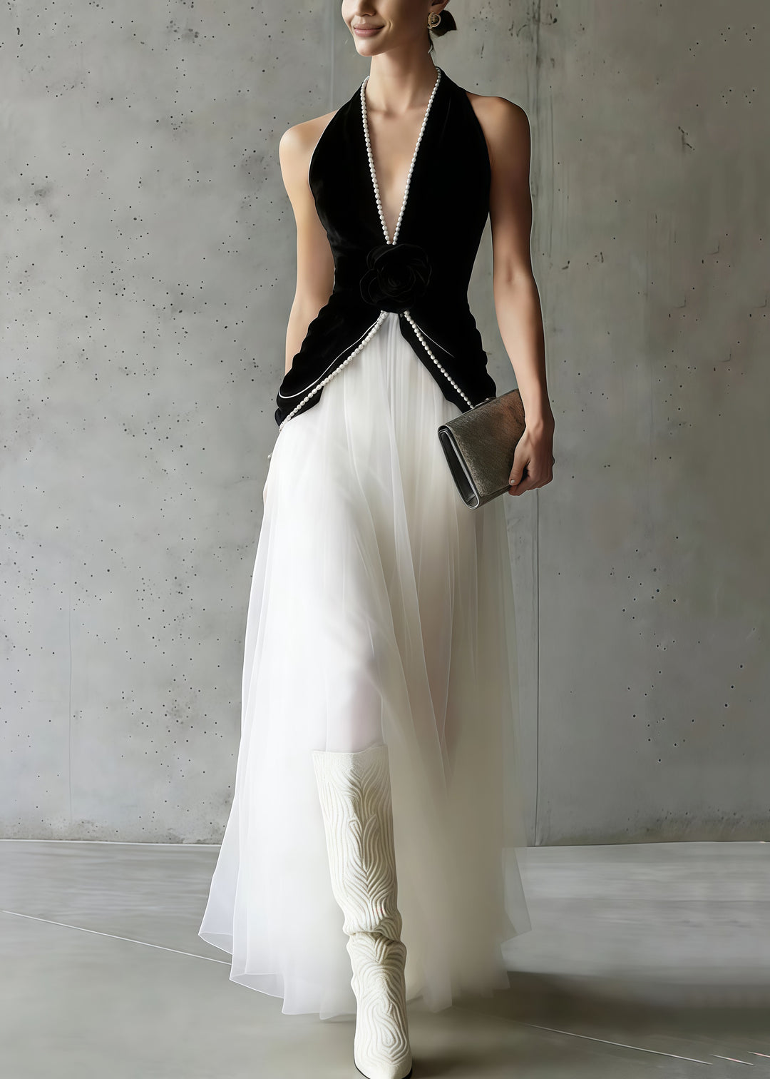 Women Black Halter Patchwork Tulle Flower Decorated Dinner Dress Sleeveless