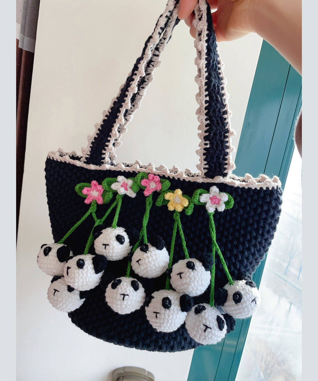 Women Black Handmade Knit Floral Tote Handbag