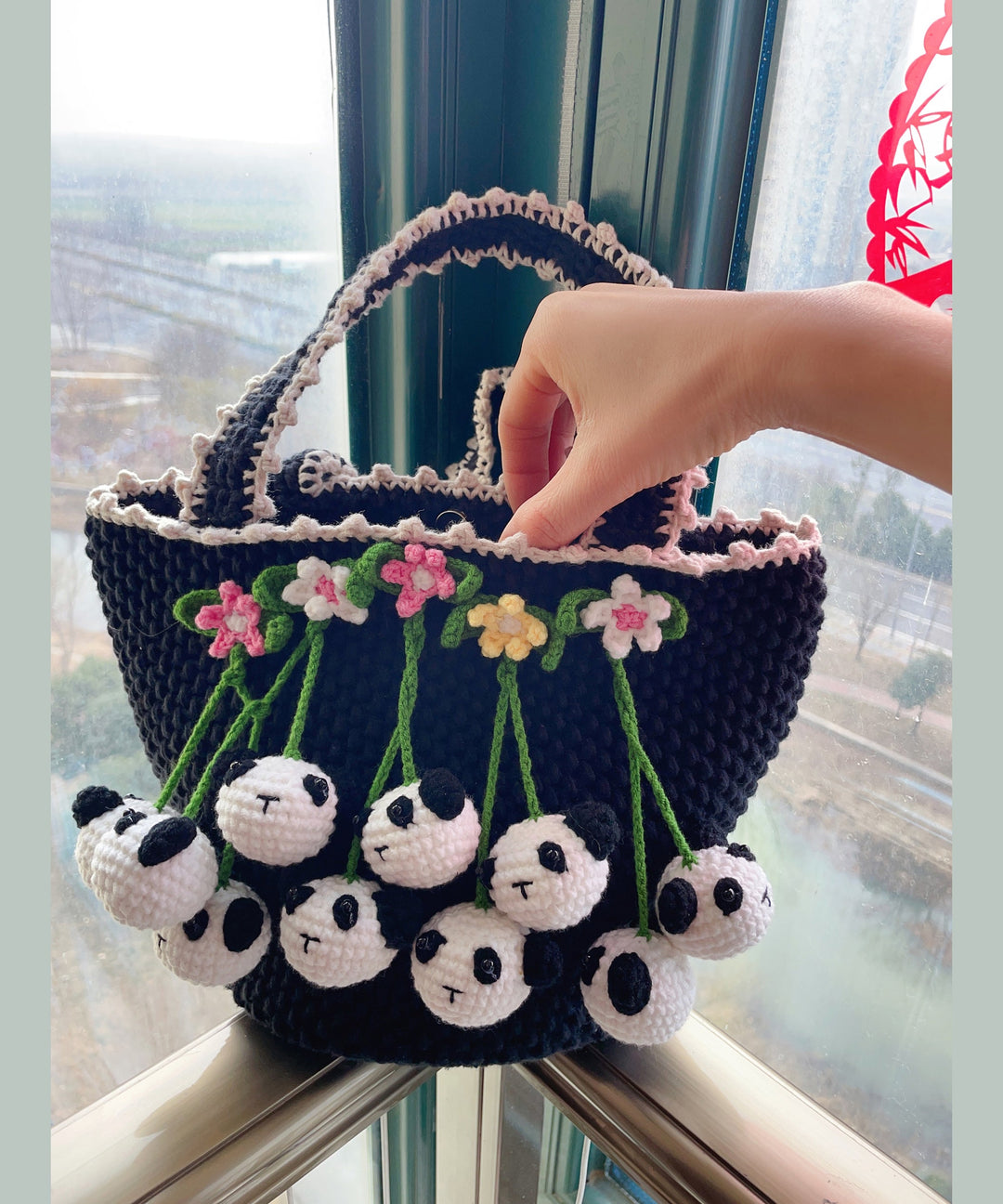 Women Black Handmade Knit Floral Tote Handbag