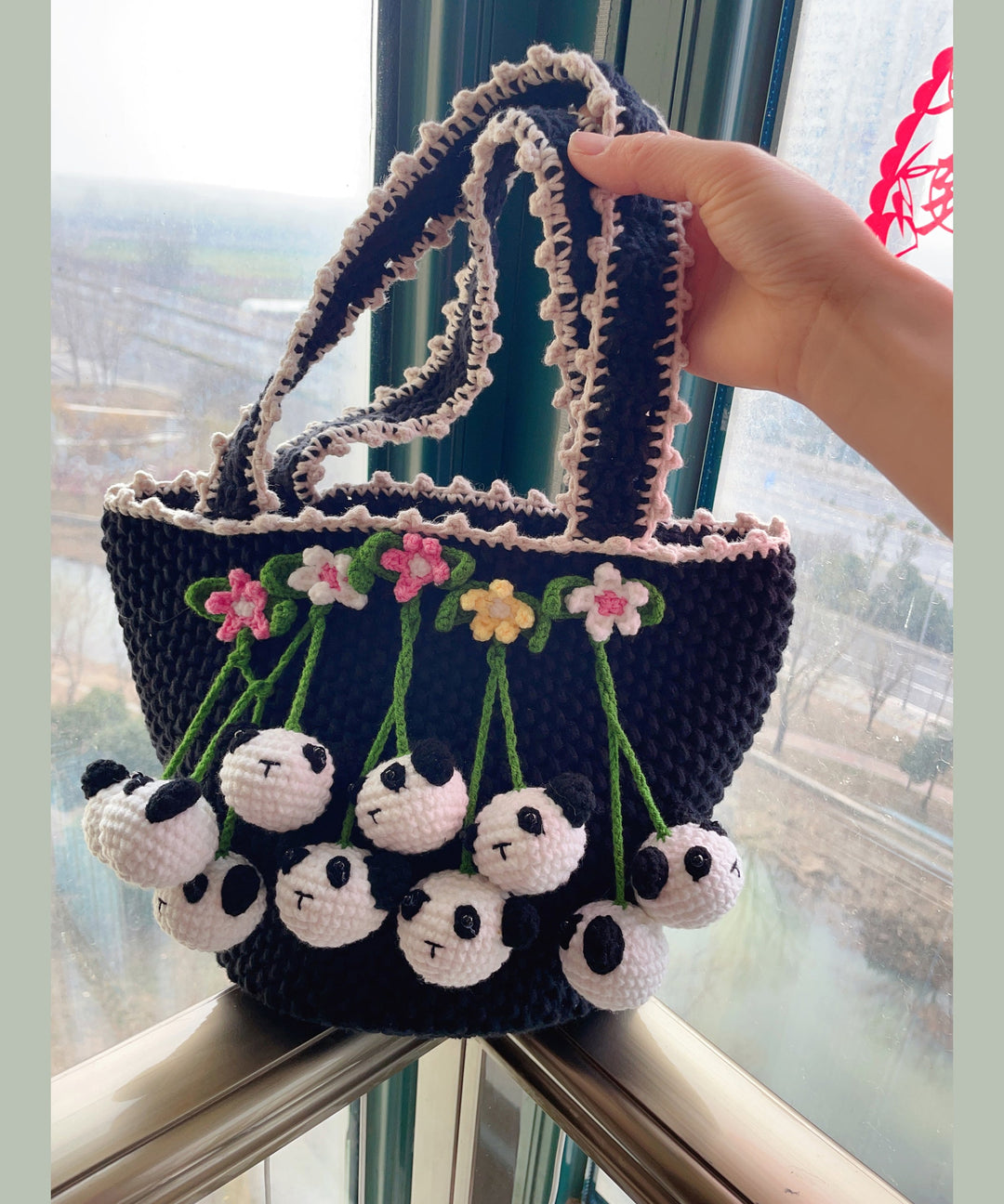 Women Black Handmade Knit Floral Tote Handbag