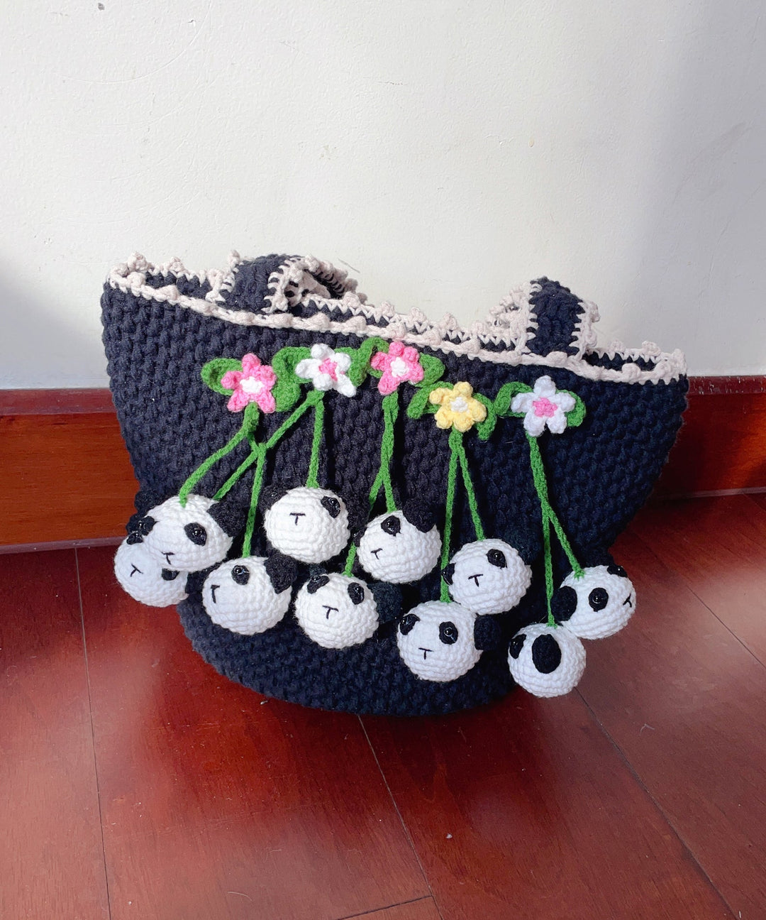 Women Black Handmade Knit Floral Tote Handbag