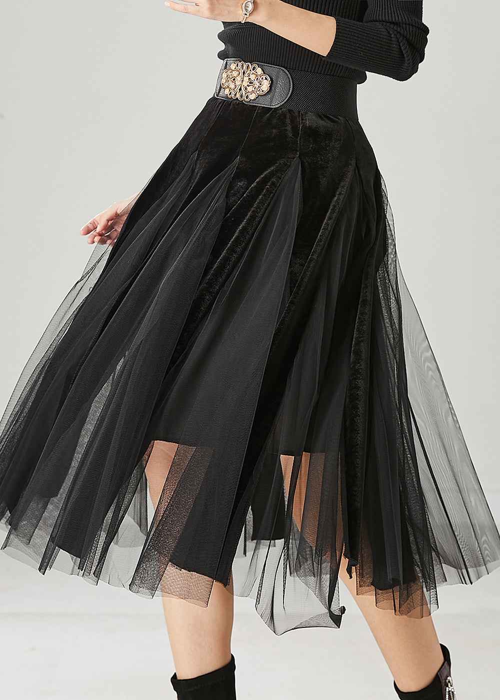 Women Black High Waist Patchwork Tulle Velvet Dress Spring