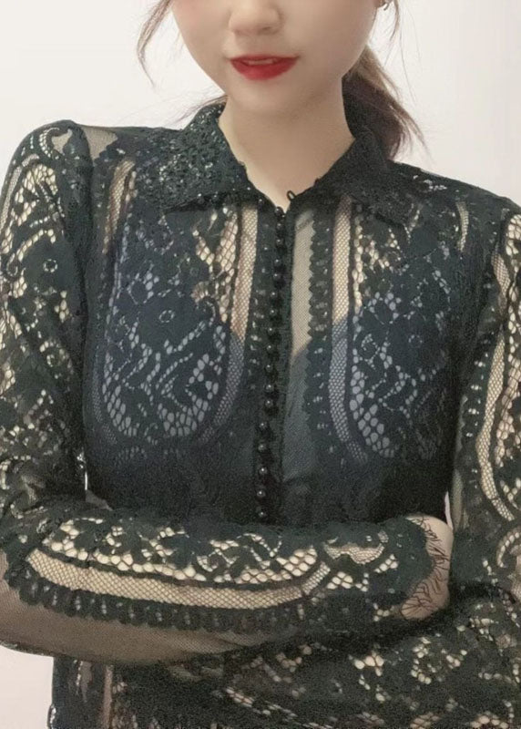 Women Black Hign Neck Bead Button Cotton Lace Top Fall