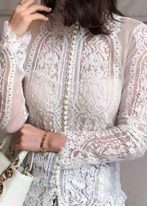 Women Black Hign Neck Bead Button Cotton Lace Top Fall