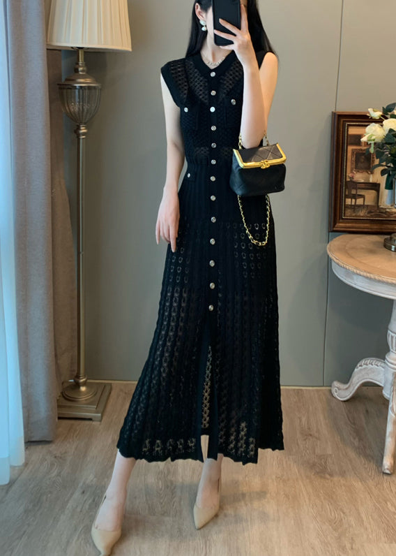 Women Black Hollow Out Single Breasted Buttons Knit Long Dress Sleeveless