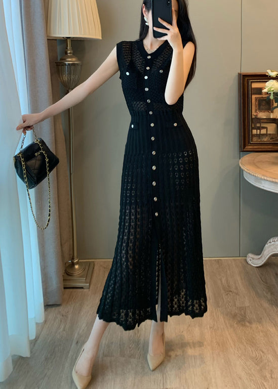 Women Black Hollow Out Single Breasted Buttons Knit Long Dress Sleeveless