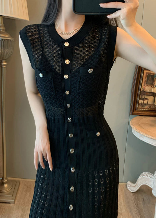 Women Black Hollow Out Single Breasted Buttons Knit Long Dress Sleeveless