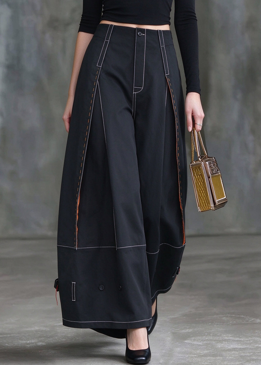 Women Black Multi-Way Buttons Contrast Stitching High Waist Wide Leg Pants Fall