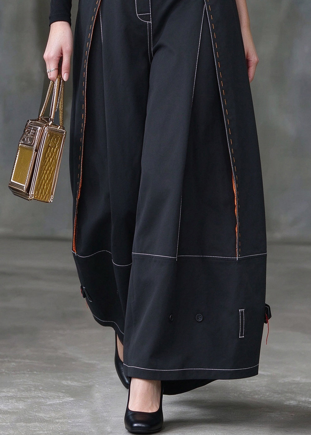 Women Black Multi-Way Buttons Contrast Stitching High Waist Wide Leg Pants Fall