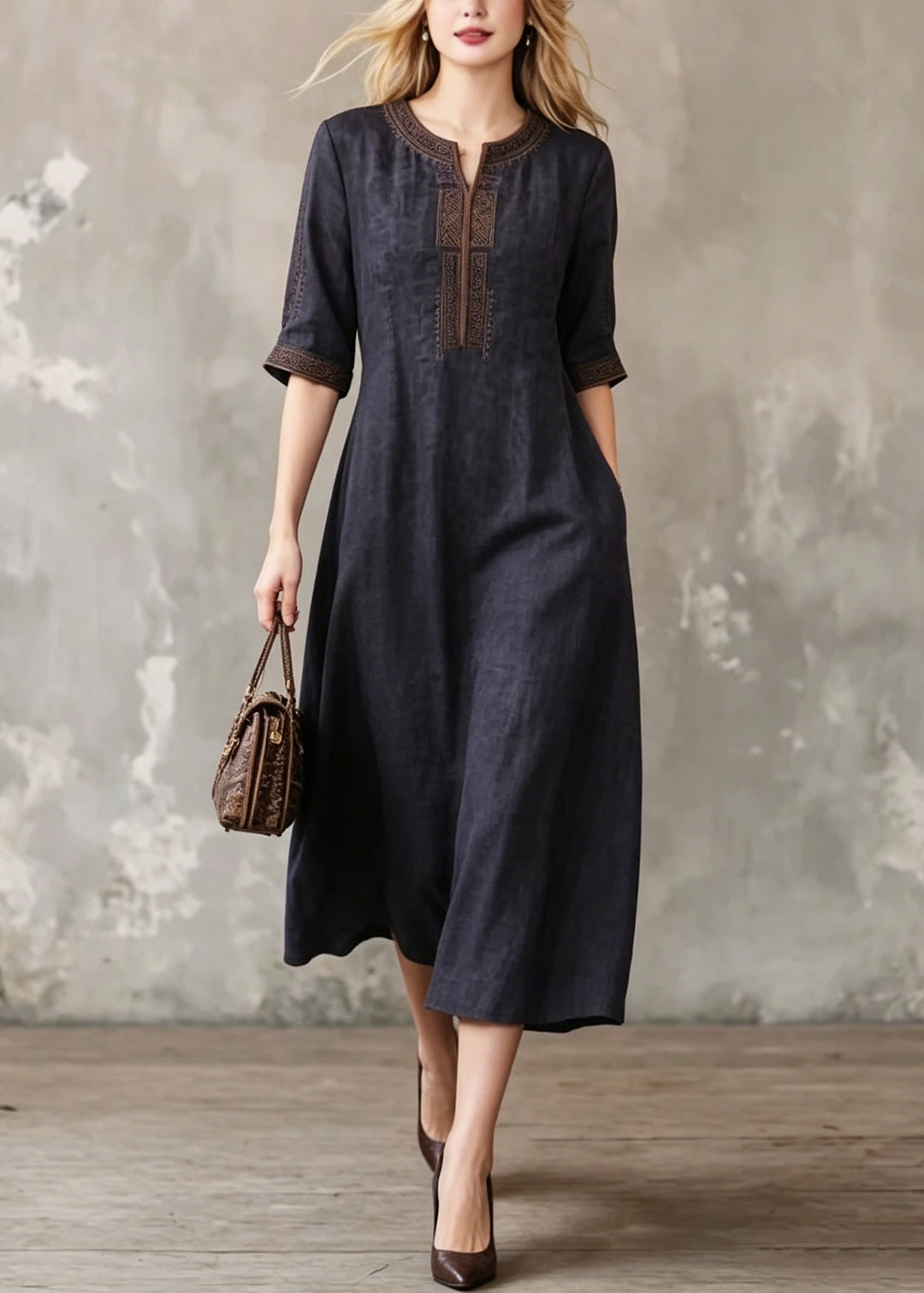 Women Black O-Neck Embroidered Silk Dress Summer