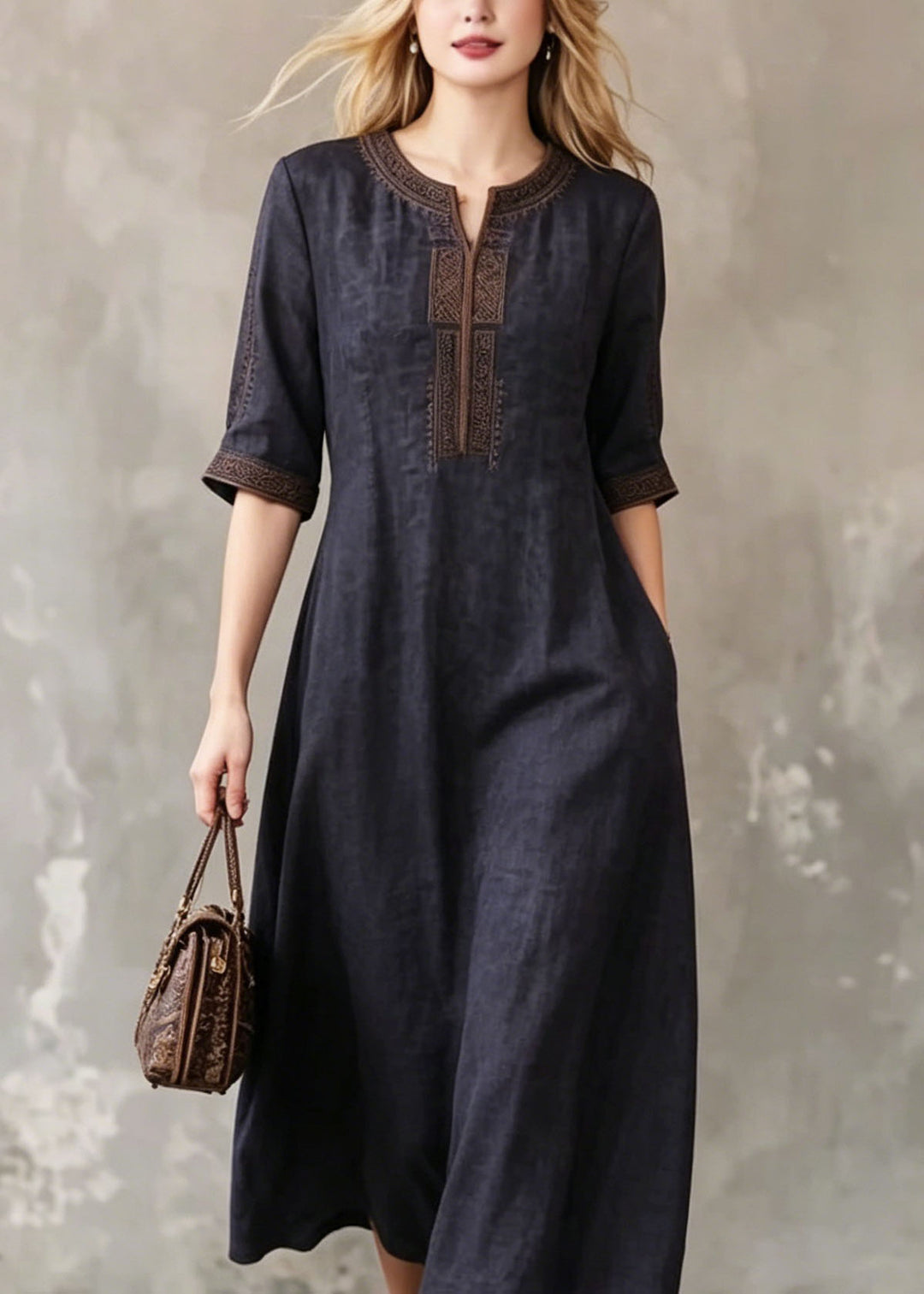 Women Black O-Neck Embroidered Silk Dress Summer