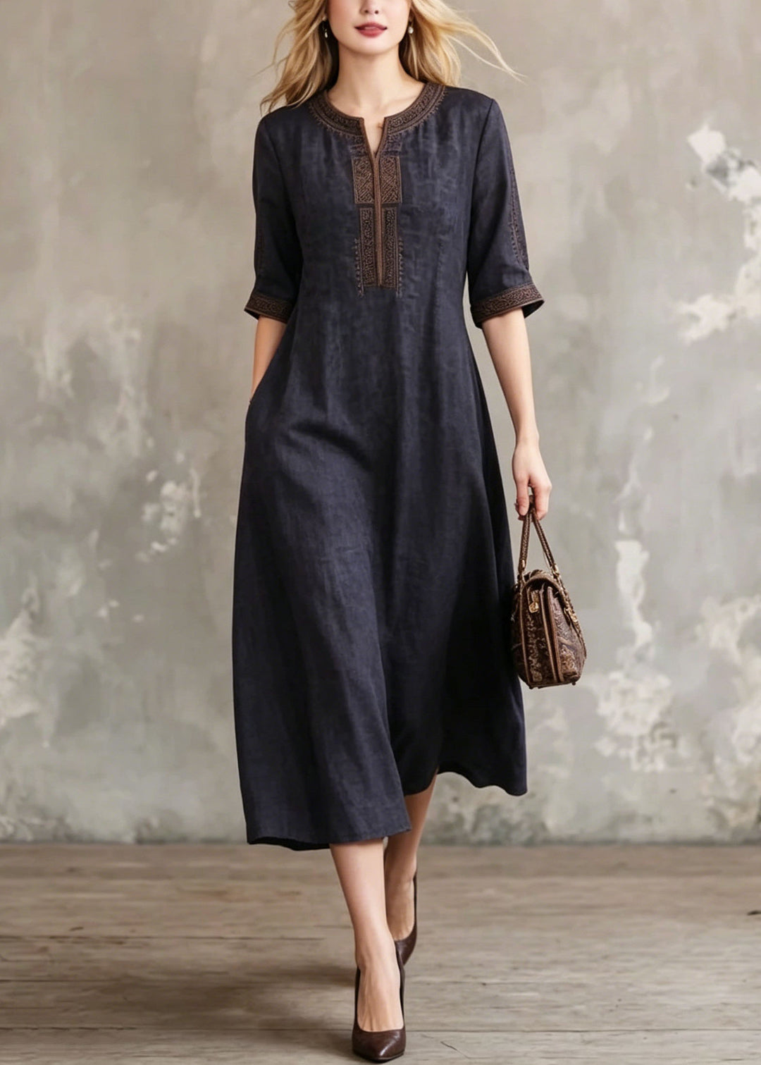 Women Black O-Neck Embroidered Silk Dress Summer