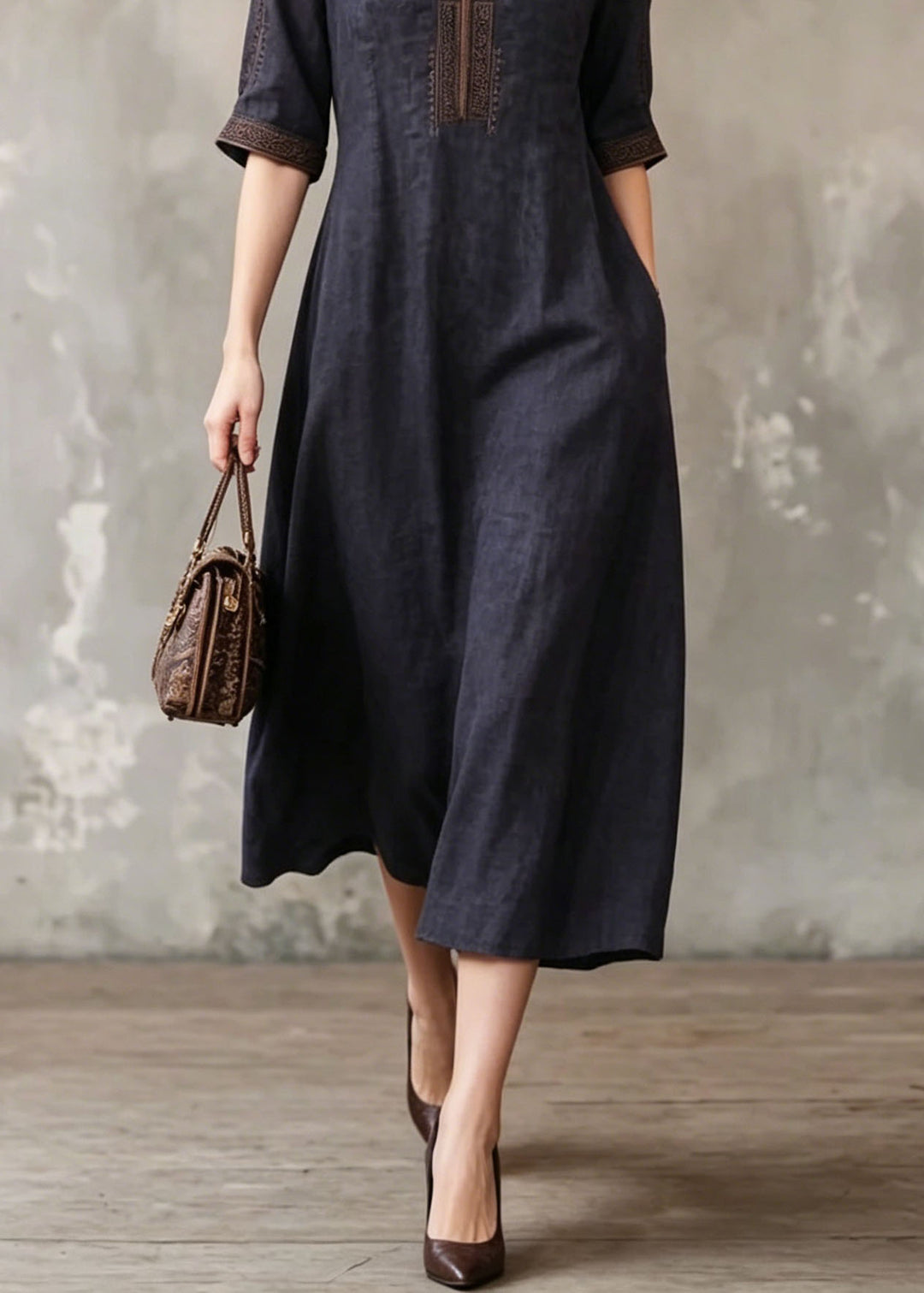 Women Black O-Neck Embroidered Silk Dress Summer