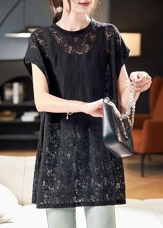 Women Black O Neck Hollow Out Lace Top Summer