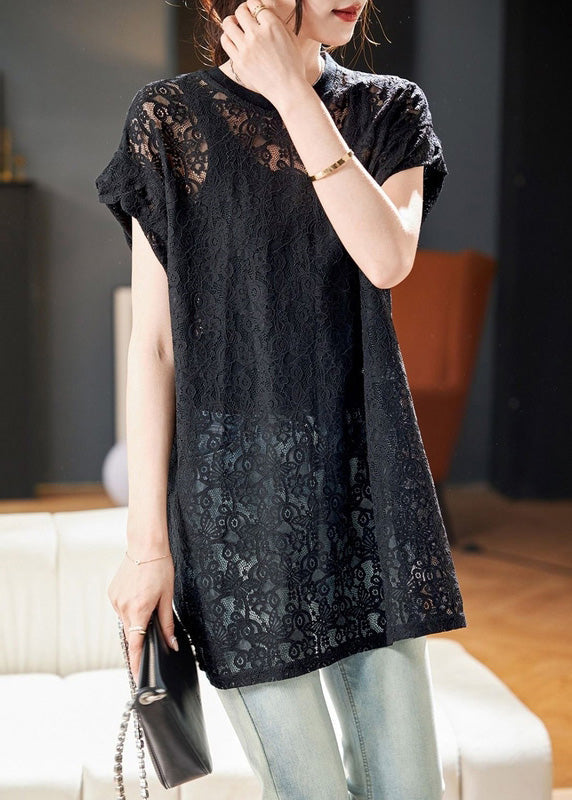 Women Black O Neck Hollow Out Lace Top Summer