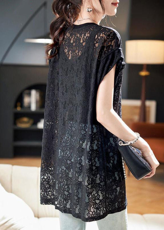 Women Black O Neck Hollow Out Lace Top Summer