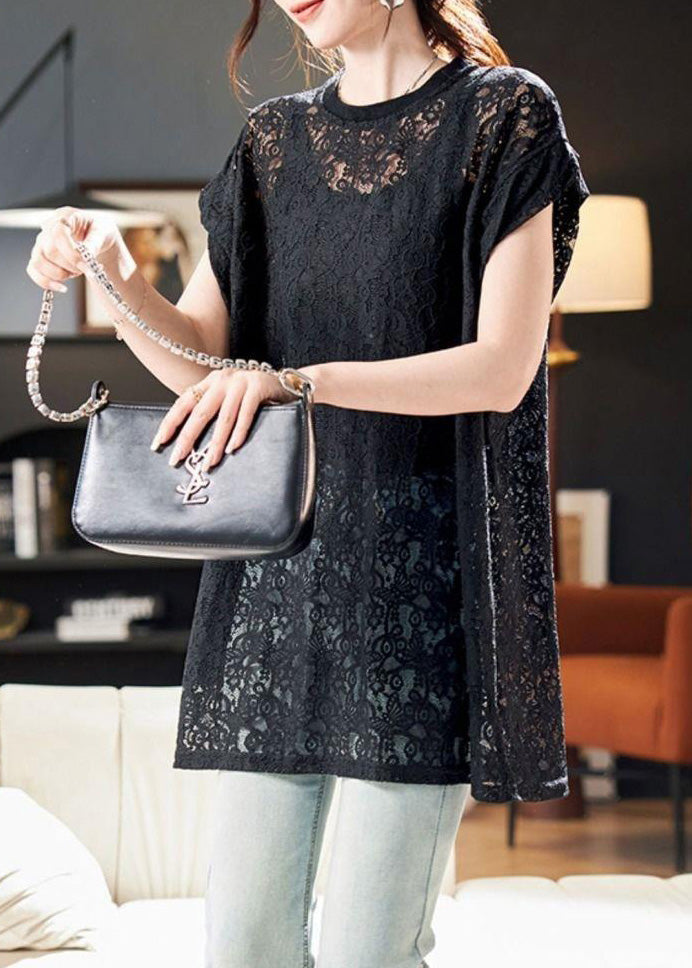 Women Black O Neck Hollow Out Lace Top Summer