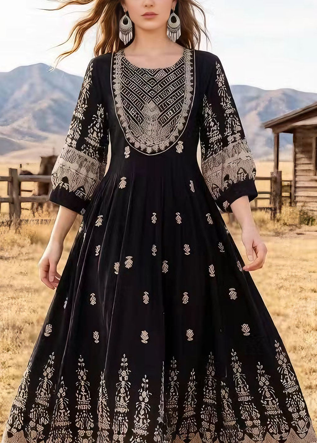 Women Black O Neck Print Cotton Dresses Bracelet Sleeve